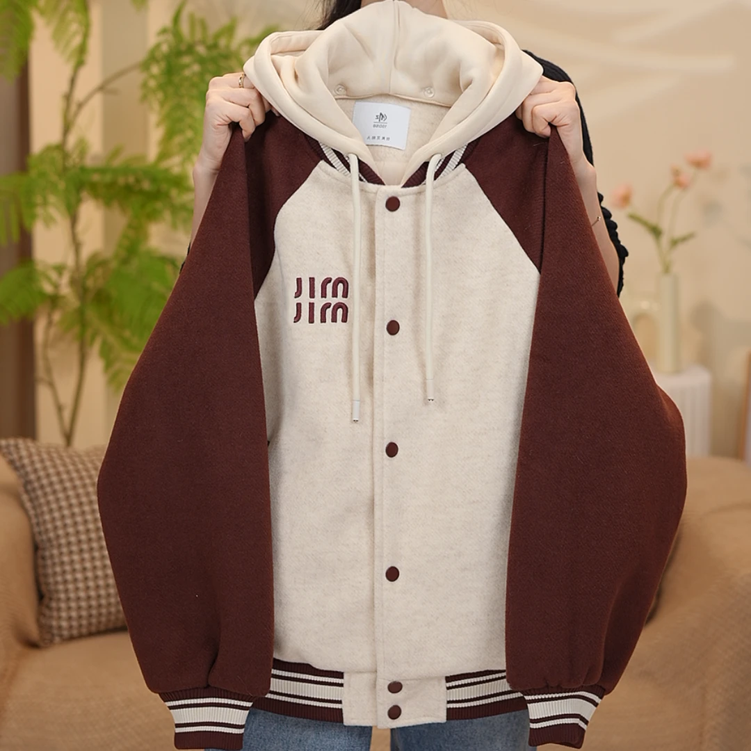 女大童加厚外套秋冬装夹棉加厚棒球服青少年连帽可拆棉袄棉服棉衣