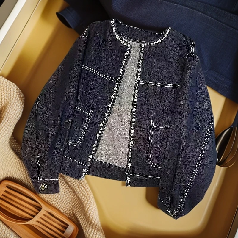 今年流行欧货短款牛仔外套圆领时尚纯色小众百搭重工气质洋气夹克