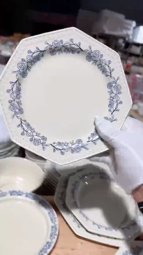 陶瓷蓝玫瑰八角浅盘微瑕 凑满20元包邮