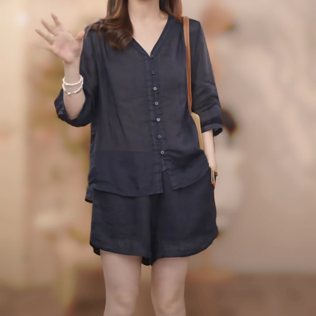 2025夏季新款时尚套装女100纯苎麻衬衫上衣+宽松显瘦阔腿裤子