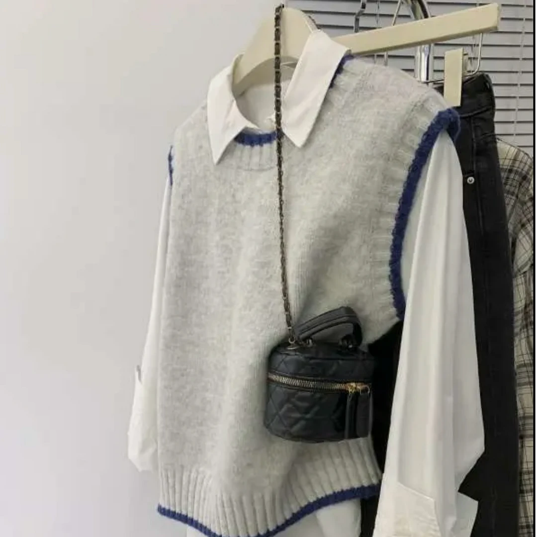 针织马甲女春秋季外搭毛衣背心叠穿衬衫两件套早春新款