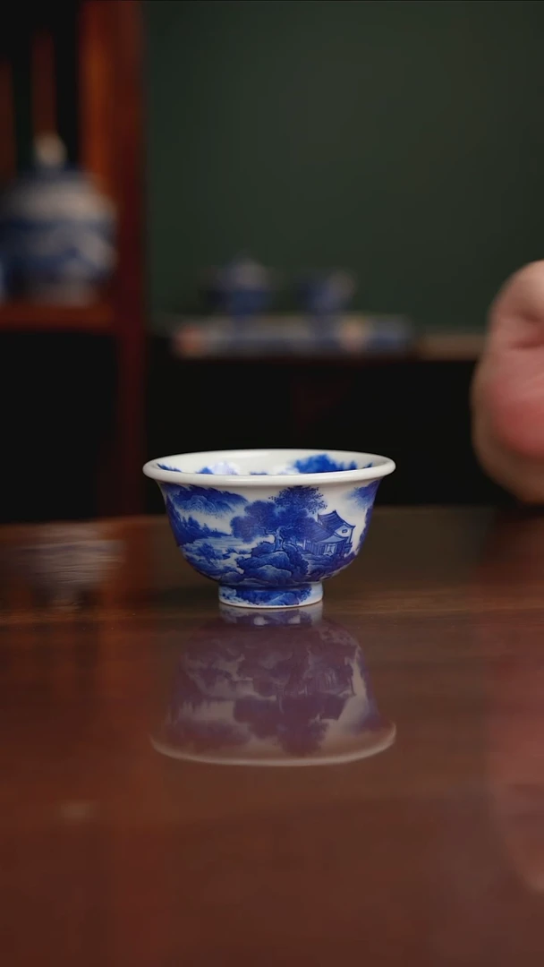 晓月柴窑 山水压手杯