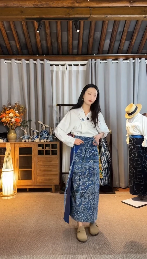 【闪购商品】设计师款蓝蜡染一片裹裙
