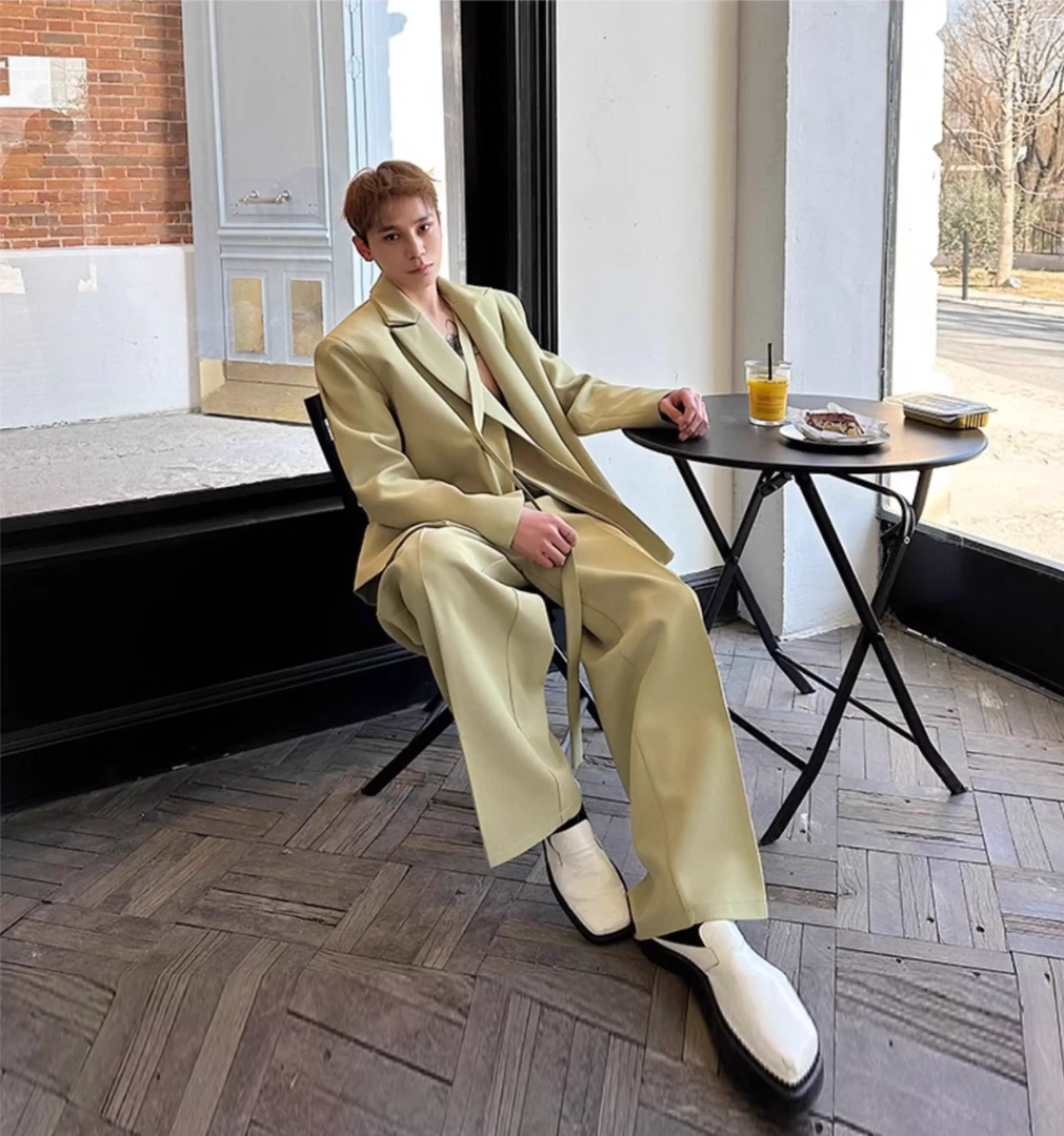 早春韩版草绿色西服套装小众双领绑带休闲西裤直筒阔腿长裤两件套