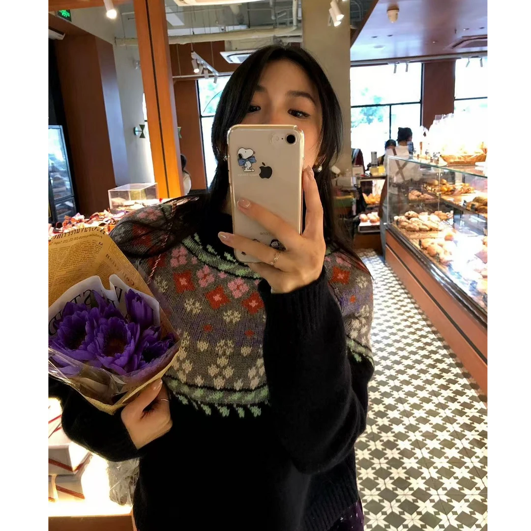 T3009 《黑色延续》费尔岛花花针织毛衣女