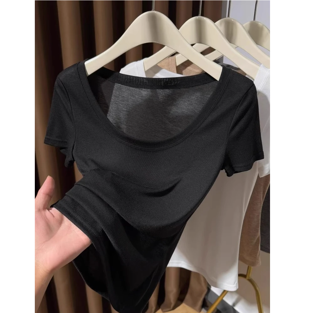 黑色薄款短袖t恤女夏2025新款设计大圆领冰丝针织面膜t基础款上衣