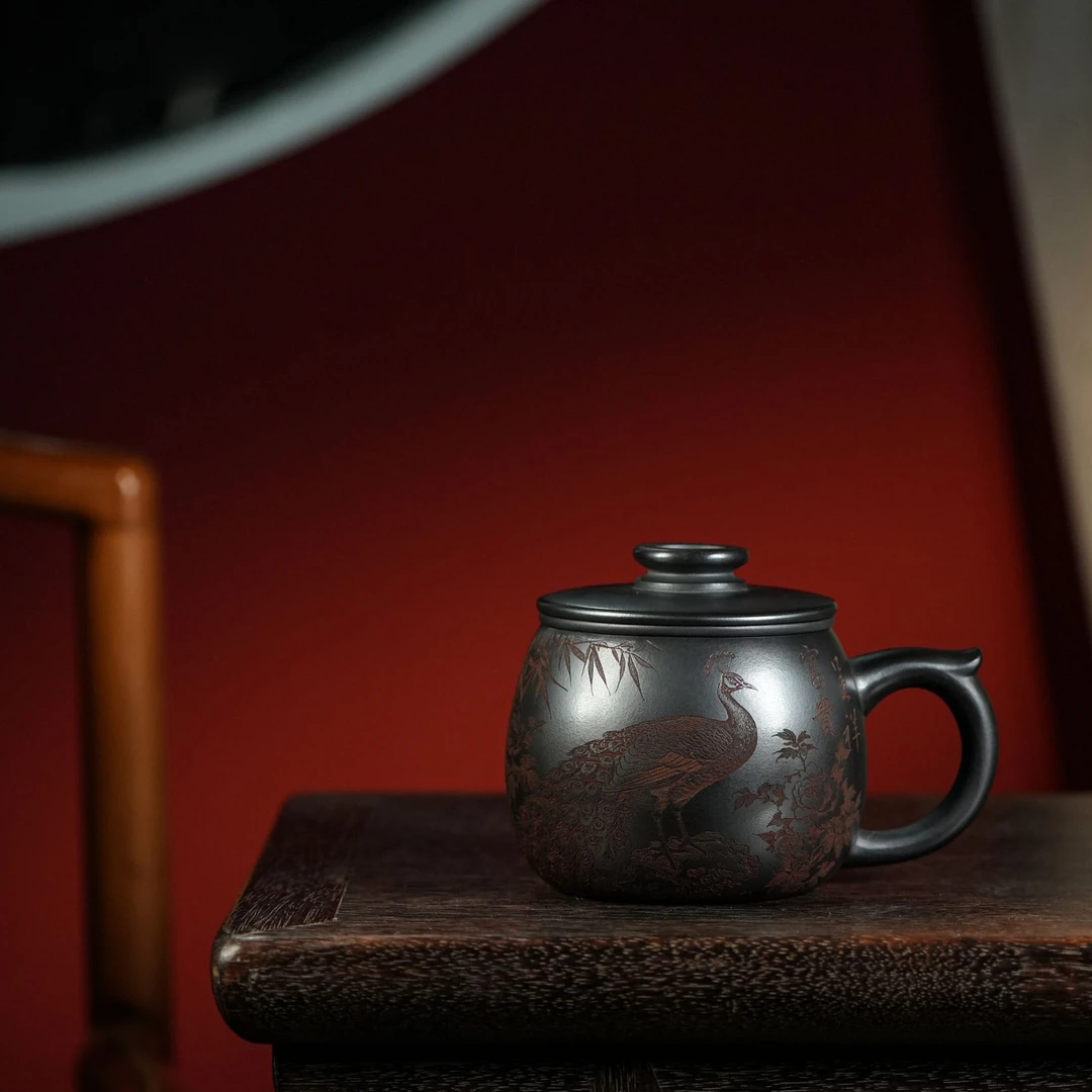 紫砂 玄铁 刻绘 孔雀 三件套