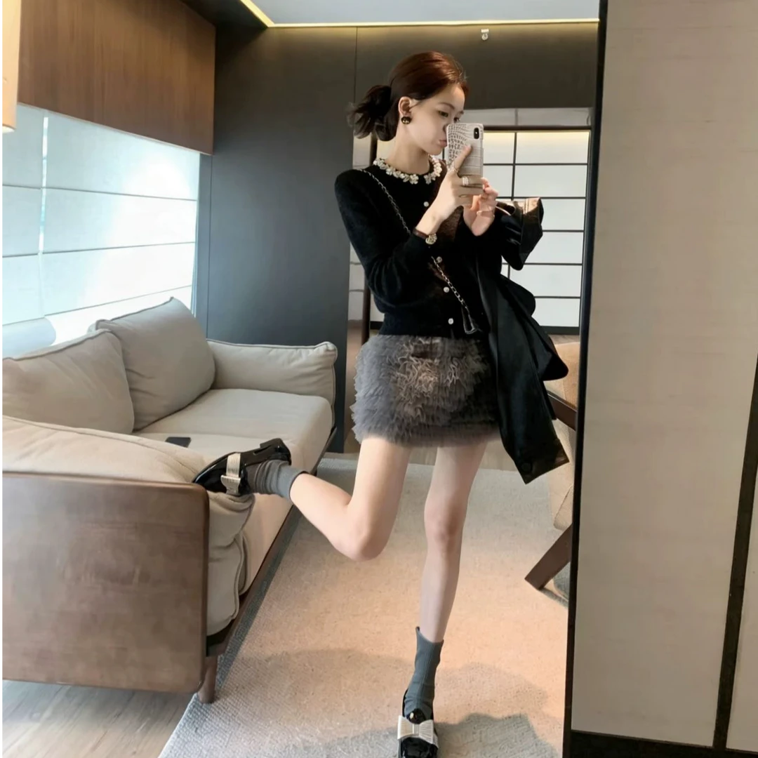 简约气质显瘦洋气休闲百搭外穿长袖上衣性感辣妹半身裙时尚两件套