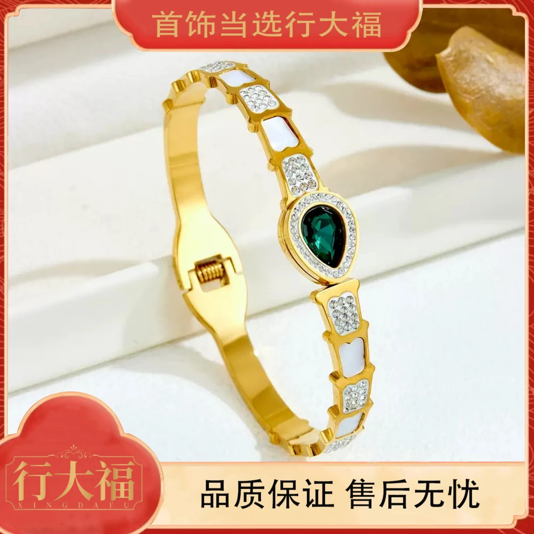 【行大福】绿色水滴竹节手镯轻奢高级开口镯