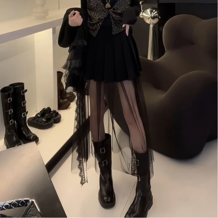 2025早秋新款高腰黑色长裙百褶裙网纱裙绝美气质拼接半身裙子