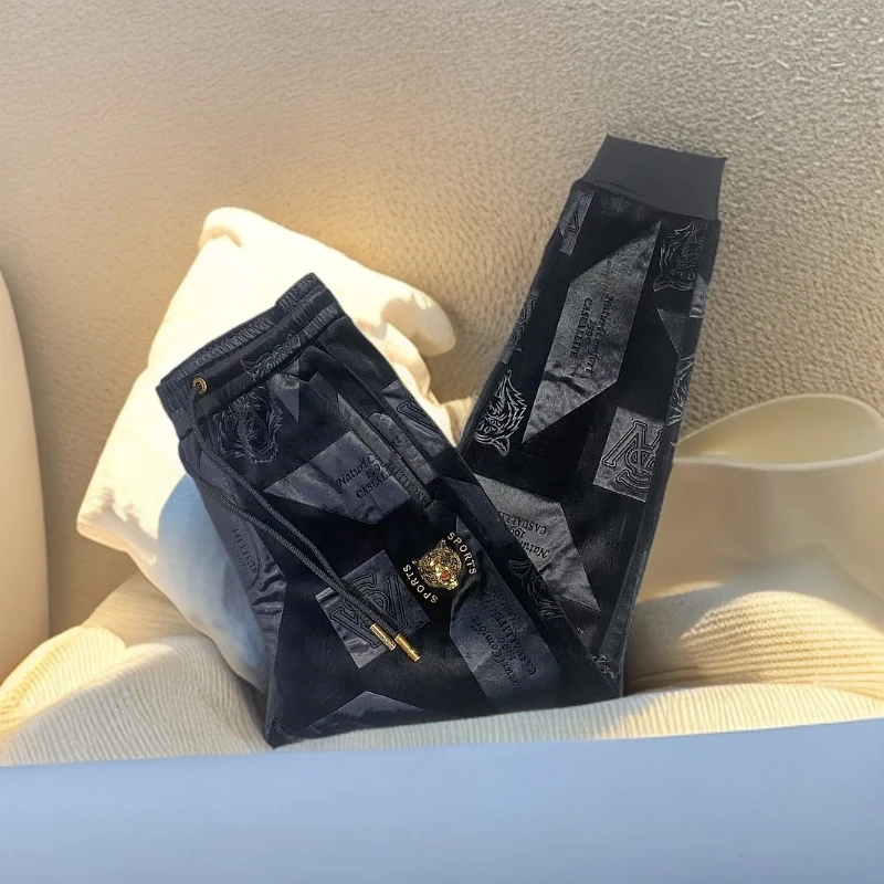 男士休闲裤冬季加绒加厚黑色时尚百搭老虎头潮流舒适弹力修身裤子