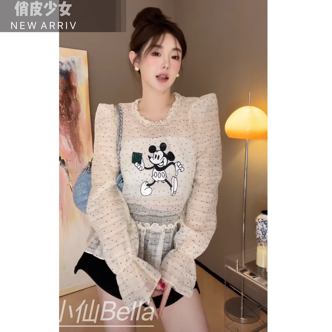 【胖小仙】<俏皮少女>甜美少女春款百搭波点卡通图案上衣