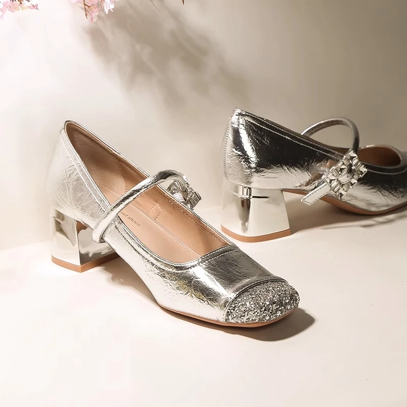 水钻方头银色玛丽珍高跟鞋女粗跟浅口单鞋日常配裙子外穿