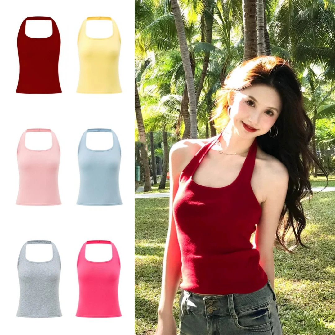 9色入！辣妹风纯色挂脖无袖背心女夏季新款外穿修身显瘦内搭短上衣