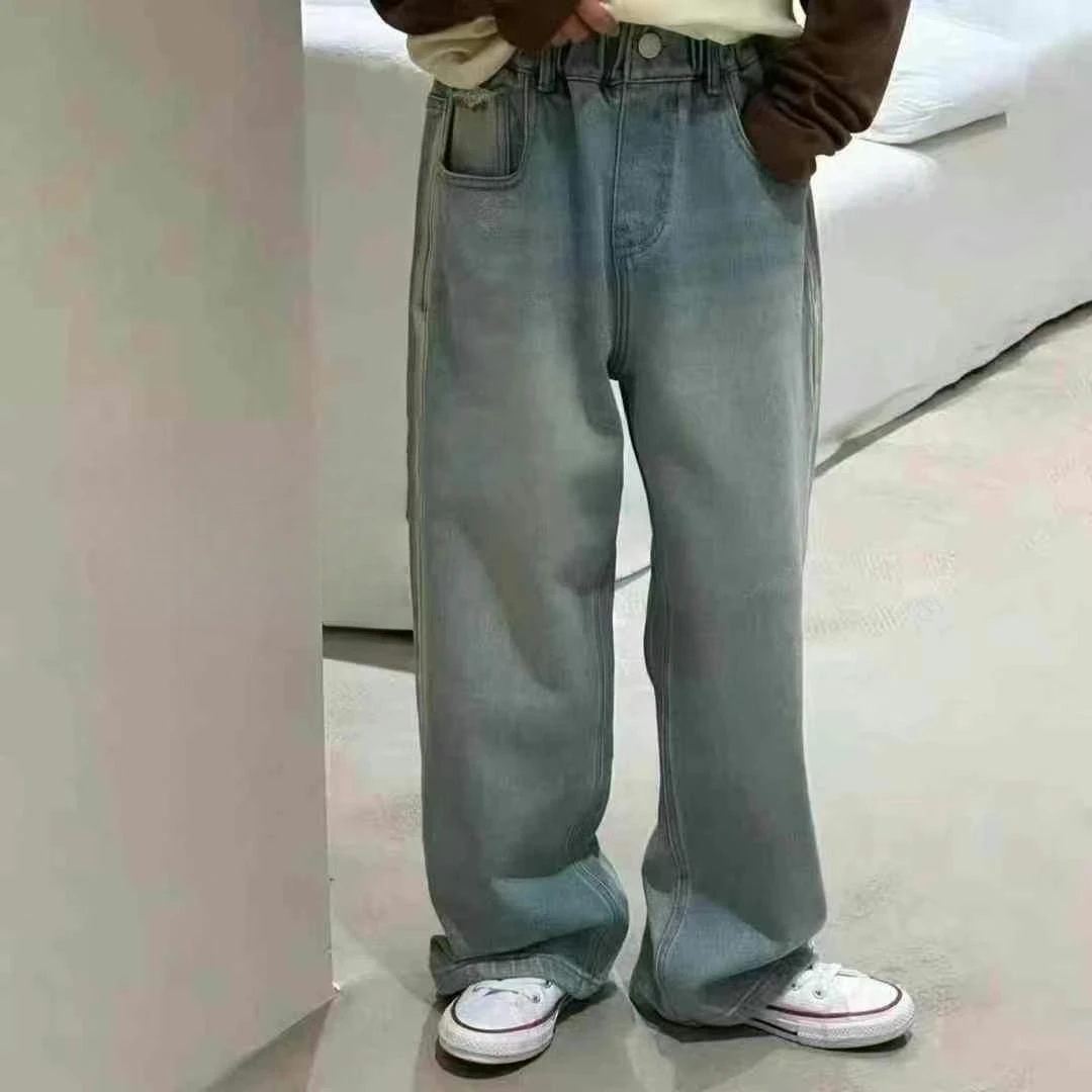 【豪宝贝】2024FW新品磨边口袋一体绒牛仔裤7857