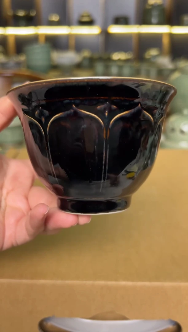 瓷片耀州窑原矿黒釉莲瓣大缸杯