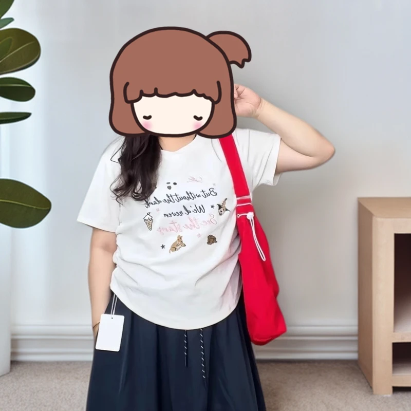 大码胖mm重工刺绣短袖t恤女夏季设计感体恤遮肉显瘦正肩圆领上衣