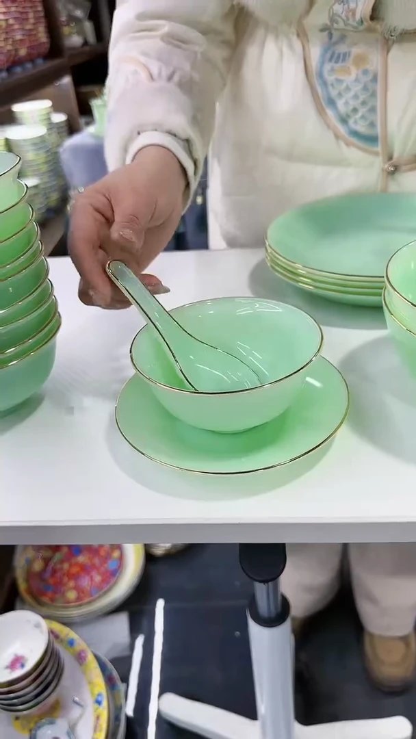 【闪购商品】瓷片玉瓷碟碗勺三件套10只