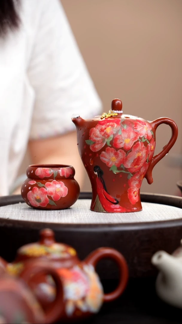 茶壶紫砂梦*朱泥小蛮腰泥绘彩霞仙子+杯