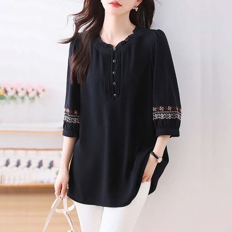 黑色雪纺衫女夏季2025新款宽松显瘦加肥加大中年妈妈减龄七分袖