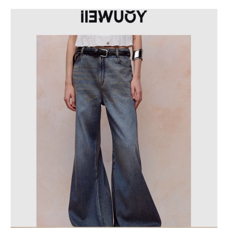 有尾YOUWEI复古双褶牛仔喇叭裤Y5124209直筒牛仔裤阔腿裤裤子衬衫