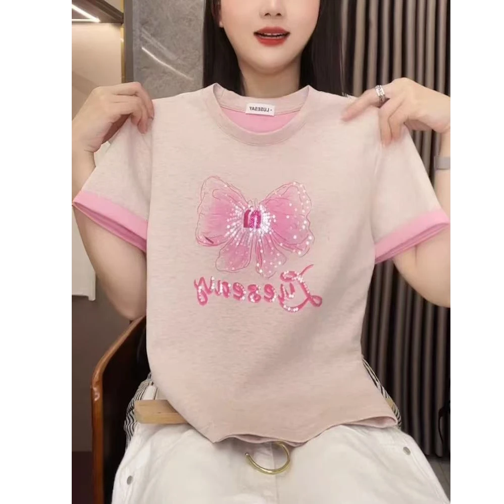 2025年夏季洋气短袖T恤女圆领设计感蝴蝶印花小众休闲时髦上衣潮