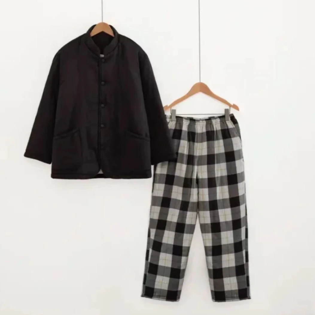 【男士带领棉服】三层夹棉100%睡衣全棉冬款爆款加厚长袖裤可外穿@