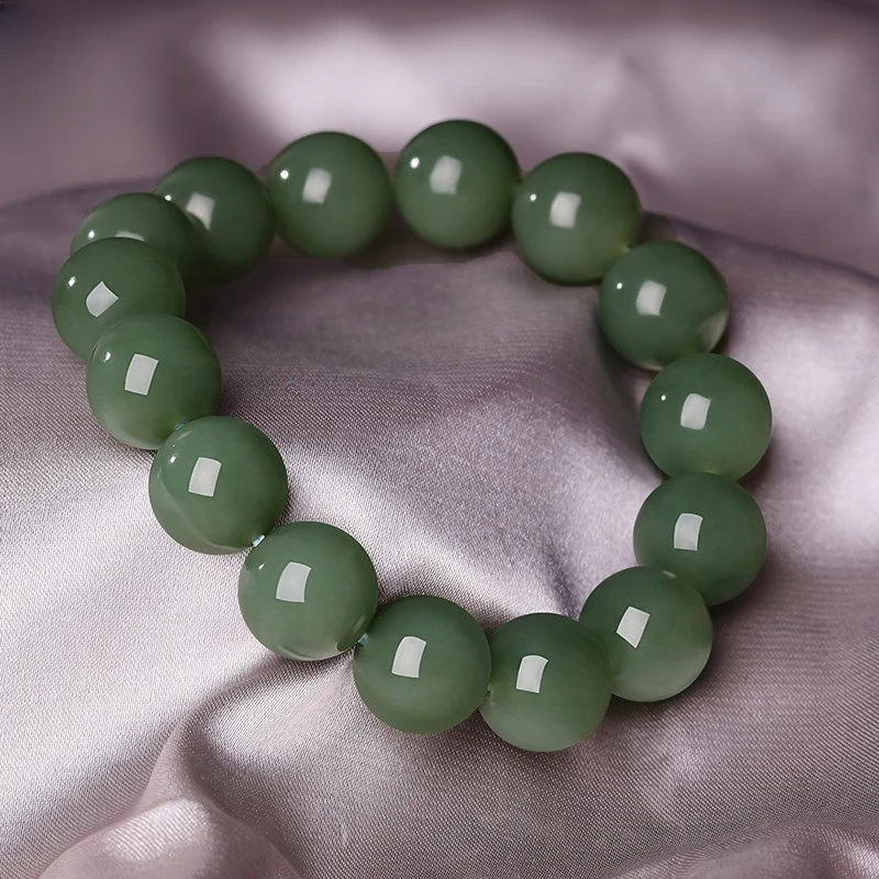 新疆保真和田玉手串圆珠大气男款手串蓝调湖水绿玉石带证书送礼物