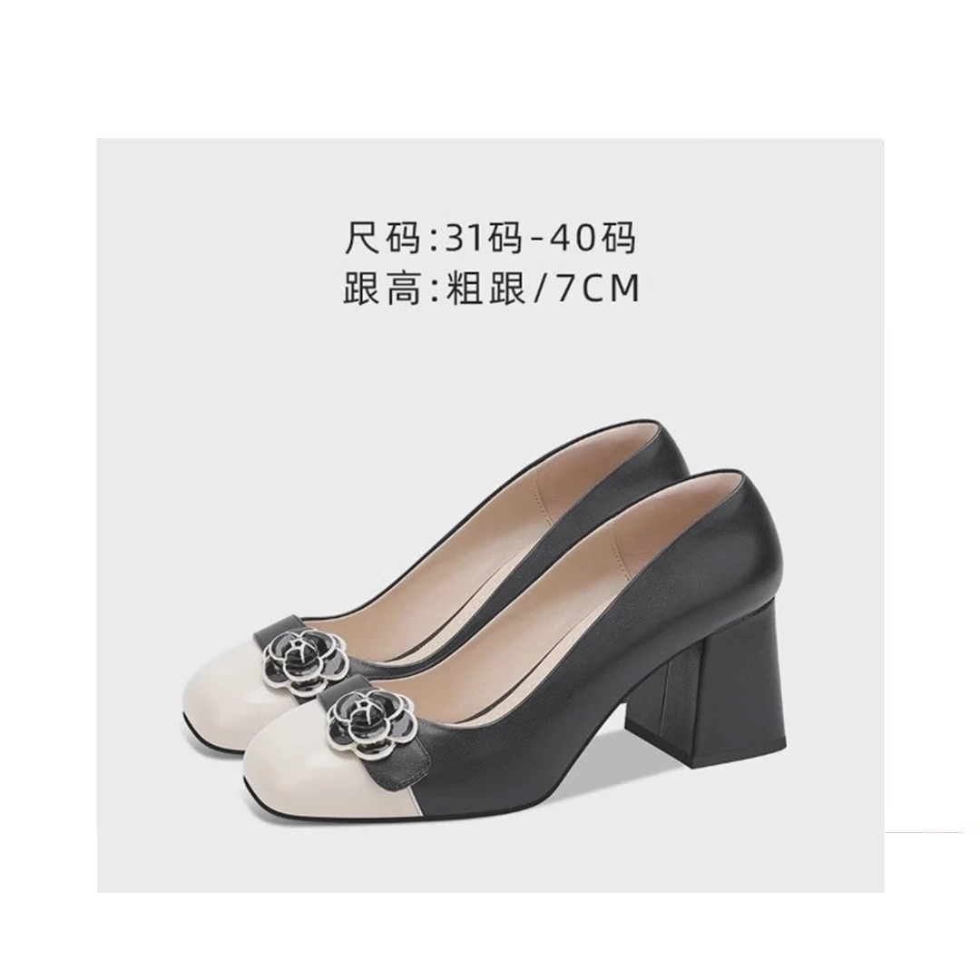 法式复古浅口单鞋2025春季新款拼色圆头一脚蹬不累脚粗跟女高跟鞋