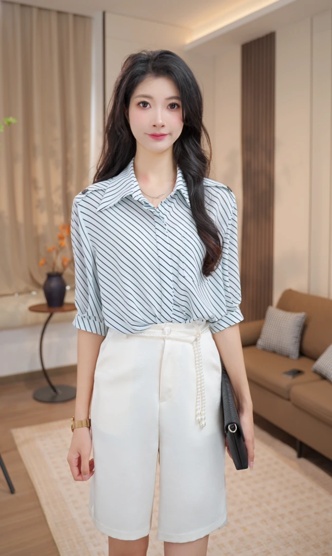 【粤粤】2025夏季宽松条纹衬衫女五分袖新款上衣设计感女式休闲衬衣