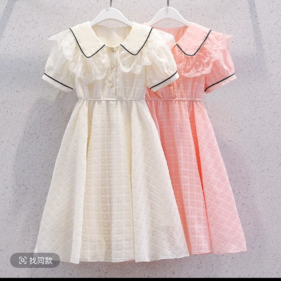【胖胖象】女童薄款洋气蕾丝连衣裙娃娃领公主裙中大童雪纺裙子长裙