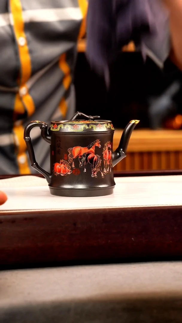 茶壶紫砂石黄 竹节 八骏珐琅彩
