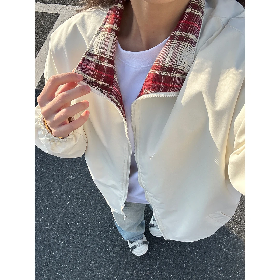 fitcheck格子拼接翻领夹克男款秋季美式复古立领撞色棒球服外套潮