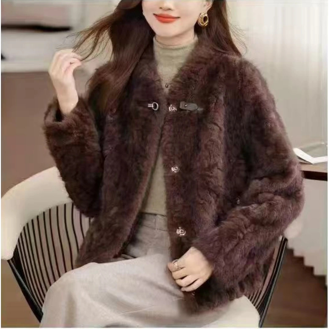 秋冬时尚保暖仿皮草皮毛一体短外套厚款豹纹外套通勤风立领妈妈装