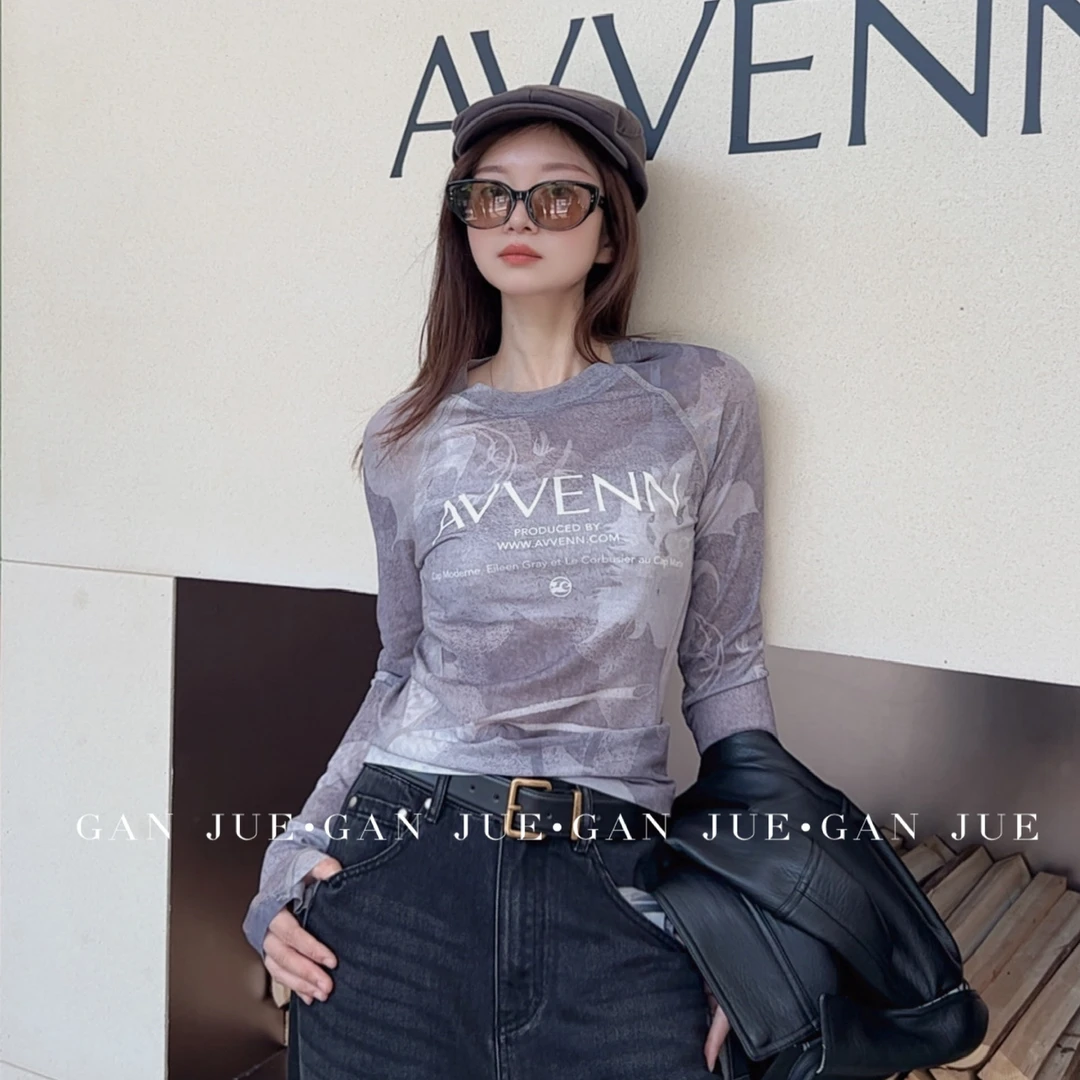 AVVENN设计师品牌 25秋 灰色 圆领 印花长袖 T恤 ganjue买手店