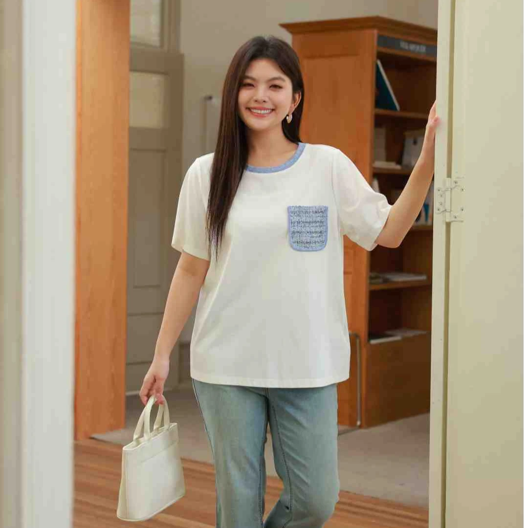 【设计感拼接亮丝粗纺针织短袖T恤】MsShe大码女装2025夏装C2504023