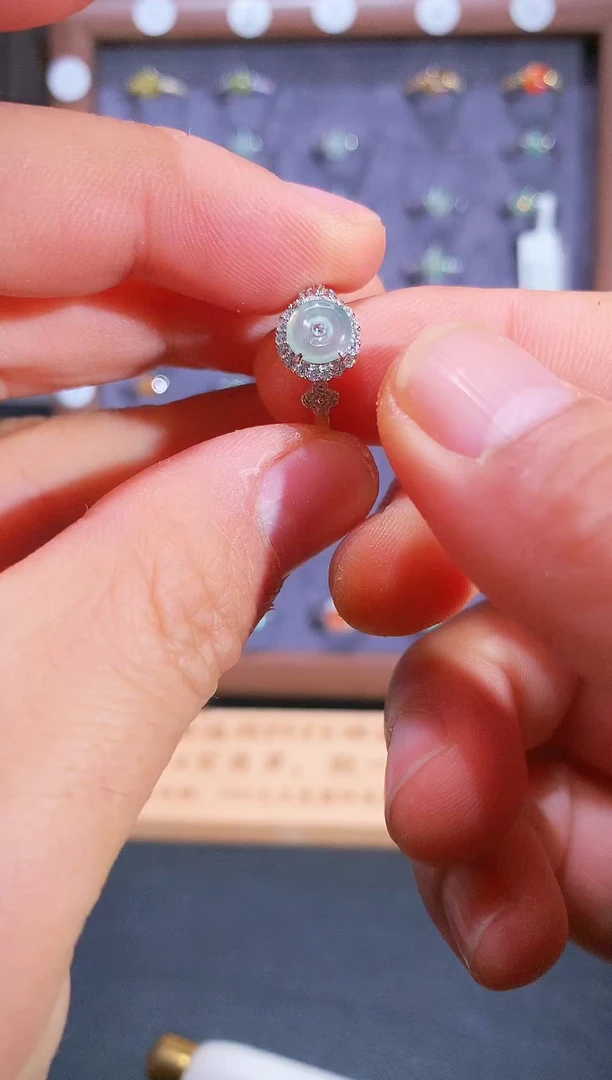 银S925镶嵌戒指翡翠S925银镶翡翠平安扣女饰品