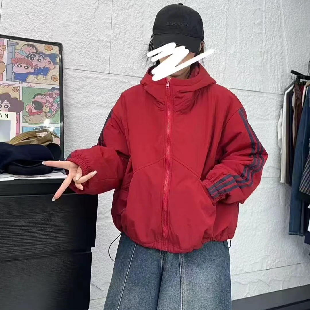 条纹秋冬加厚棉外套百搭韩版休闲运动休闲宽松连帽ins拼接撞色