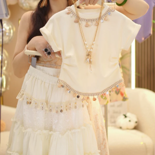 【正版高货】2025女童夏季夏款时尚韩版百搭甜美贝壳短袖裙子套装