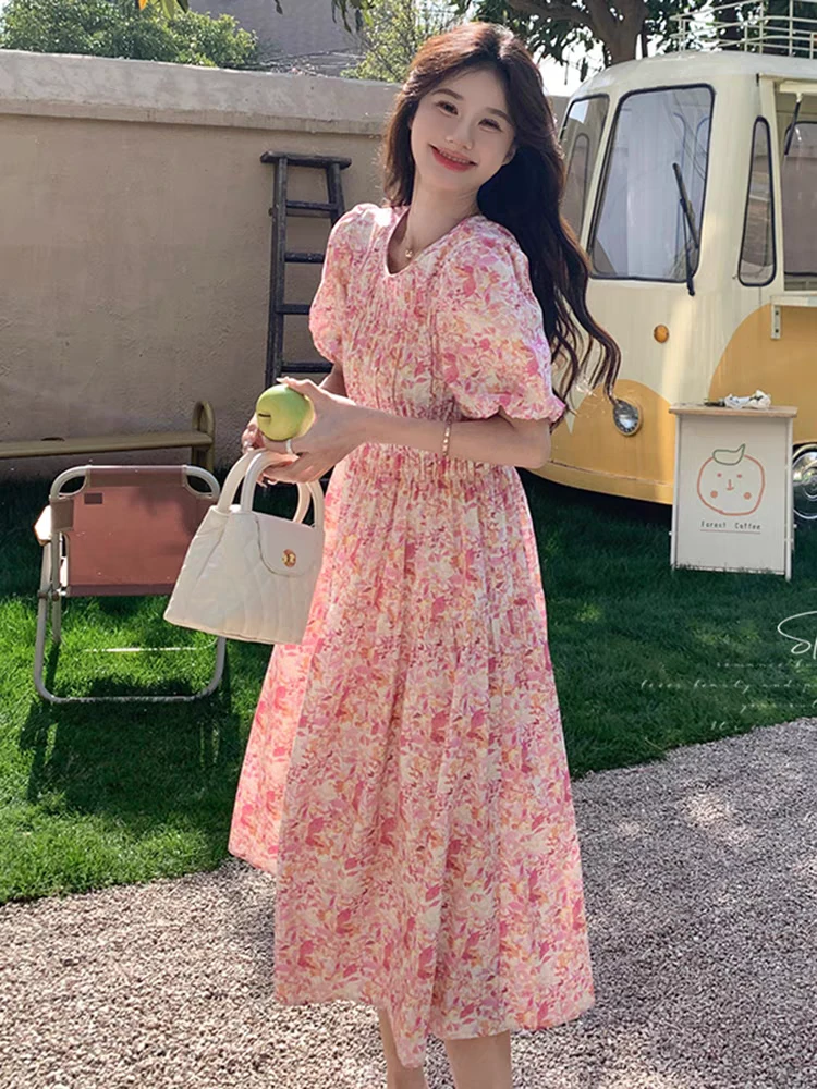 9532常规碎花泡泡袖植物花卉连衣裙甜美收腰时尚初恋气质复古