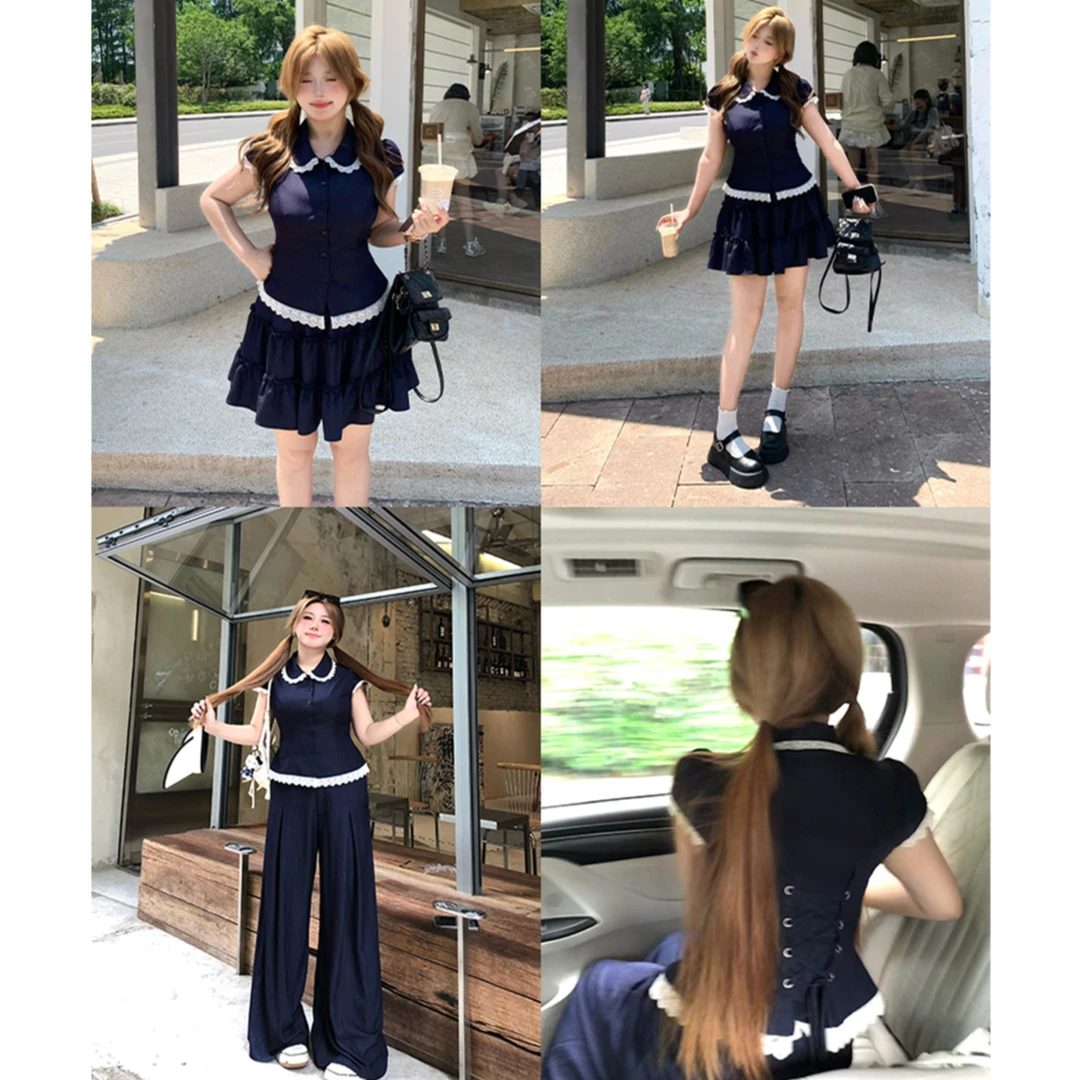 【可露丽系带】韩系ins设计感显瘦衬衫+裤装+半裙两件套装A252C0098