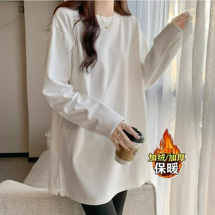 白色德绒宽松打底衫女内搭秋冬中长款配鲨鱼裤的长袖上衣加厚T恤