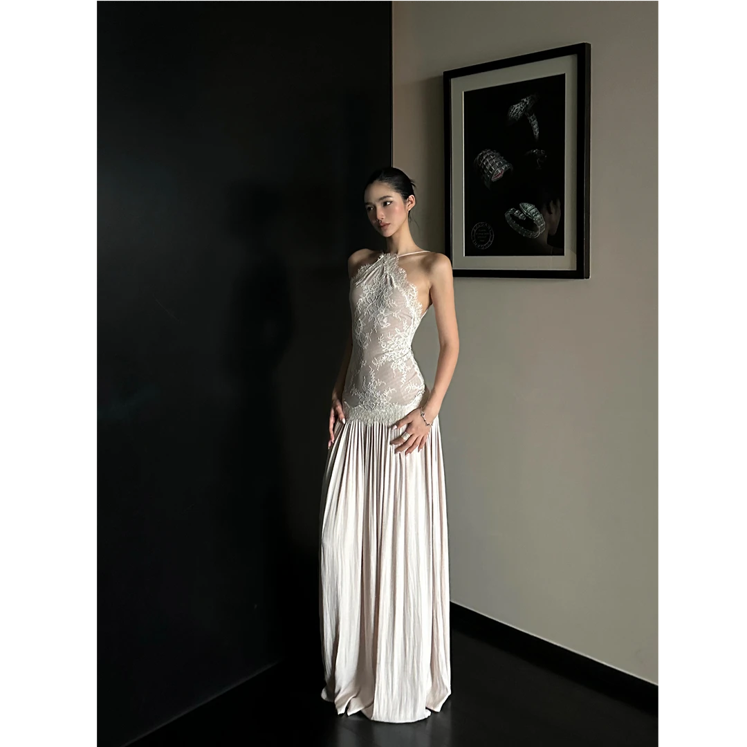 法式气质高级感拼接网纱连衣裙2025年夏季新款性感抹胸长裙礼裙女