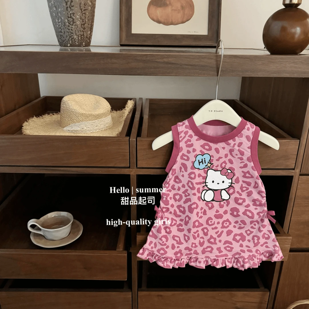 女童夏季休闲连衣裙甜美宝宝夏装豹纹女孩KT猫咪抽绳蝴蝶结背心裙