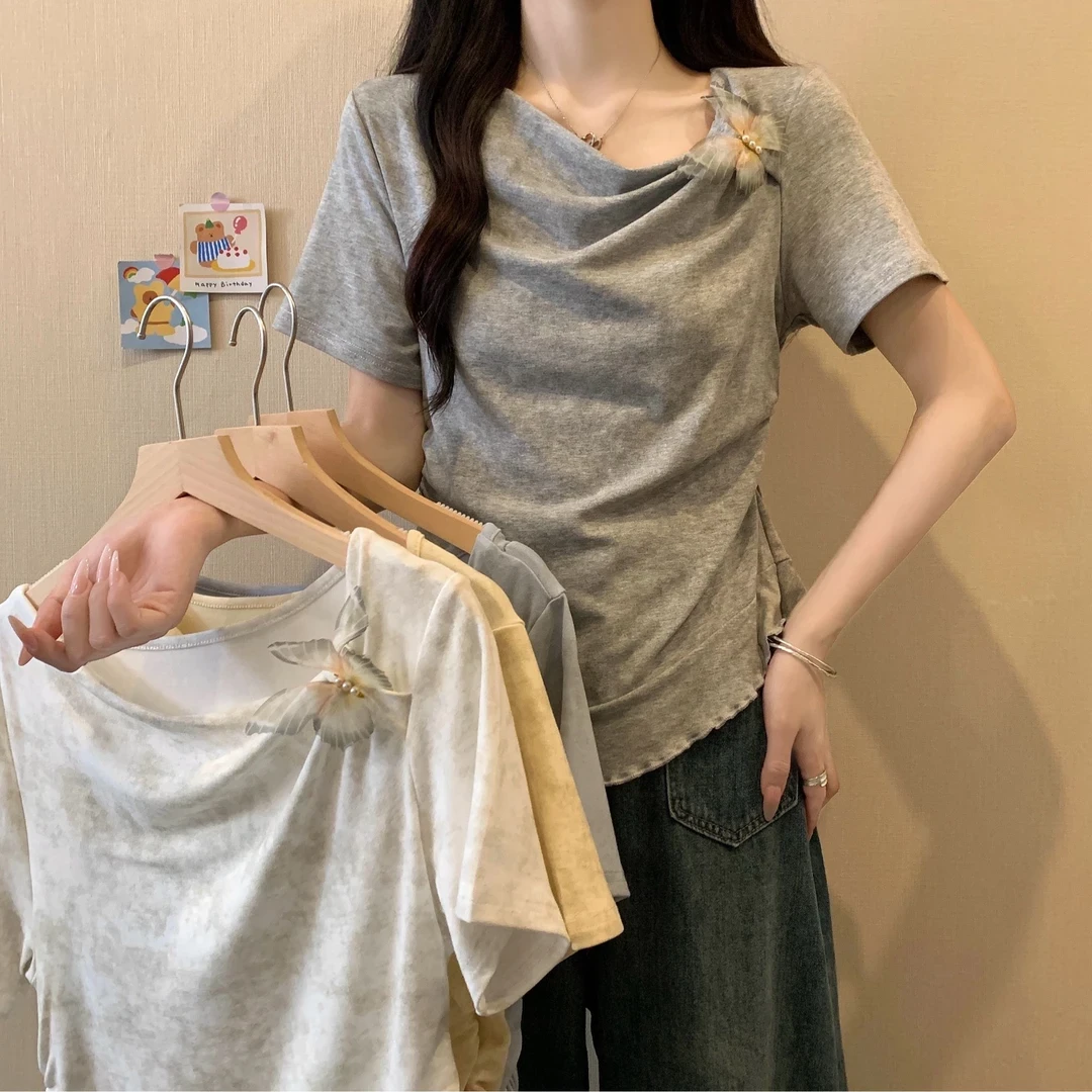 大码女装夏季新款设计感小众修身斜肩不规则蝴蝶短袖T恤显瘦上衣