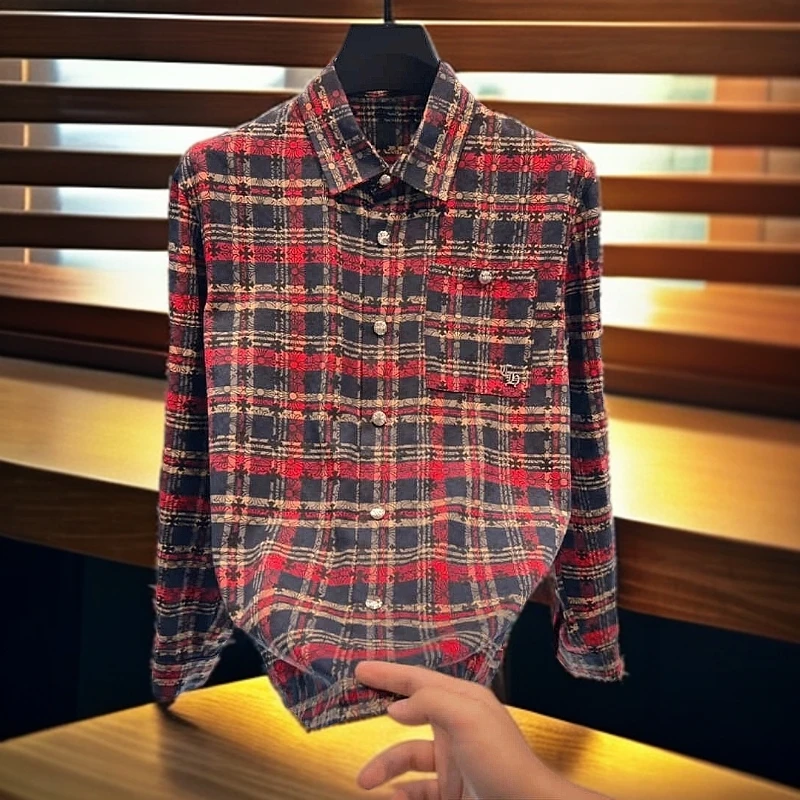 高级感2025春季新款长袖衬衫男时尚宽松潮流简约格子休闲上衣外套