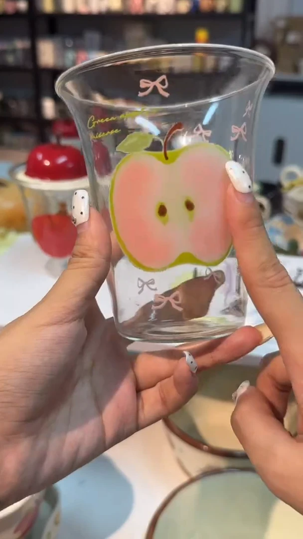 瓷高硼硅耐热带盖玻璃杯青苹果070