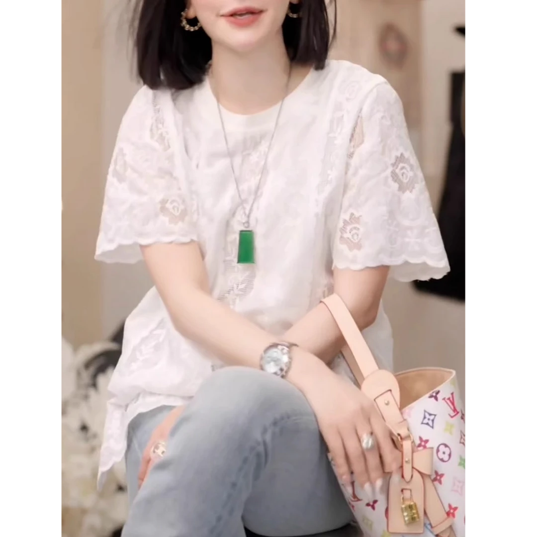 手工刺绣蕾丝T恤女2025夏季新款韩版圆领短袖宽松正肩洋气上衣潮