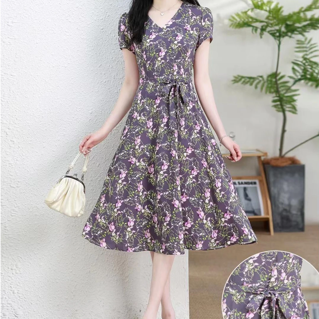 碎花连衣裙夏季清新气质收腰显瘦妈妈装短袖洋气裙子2501#