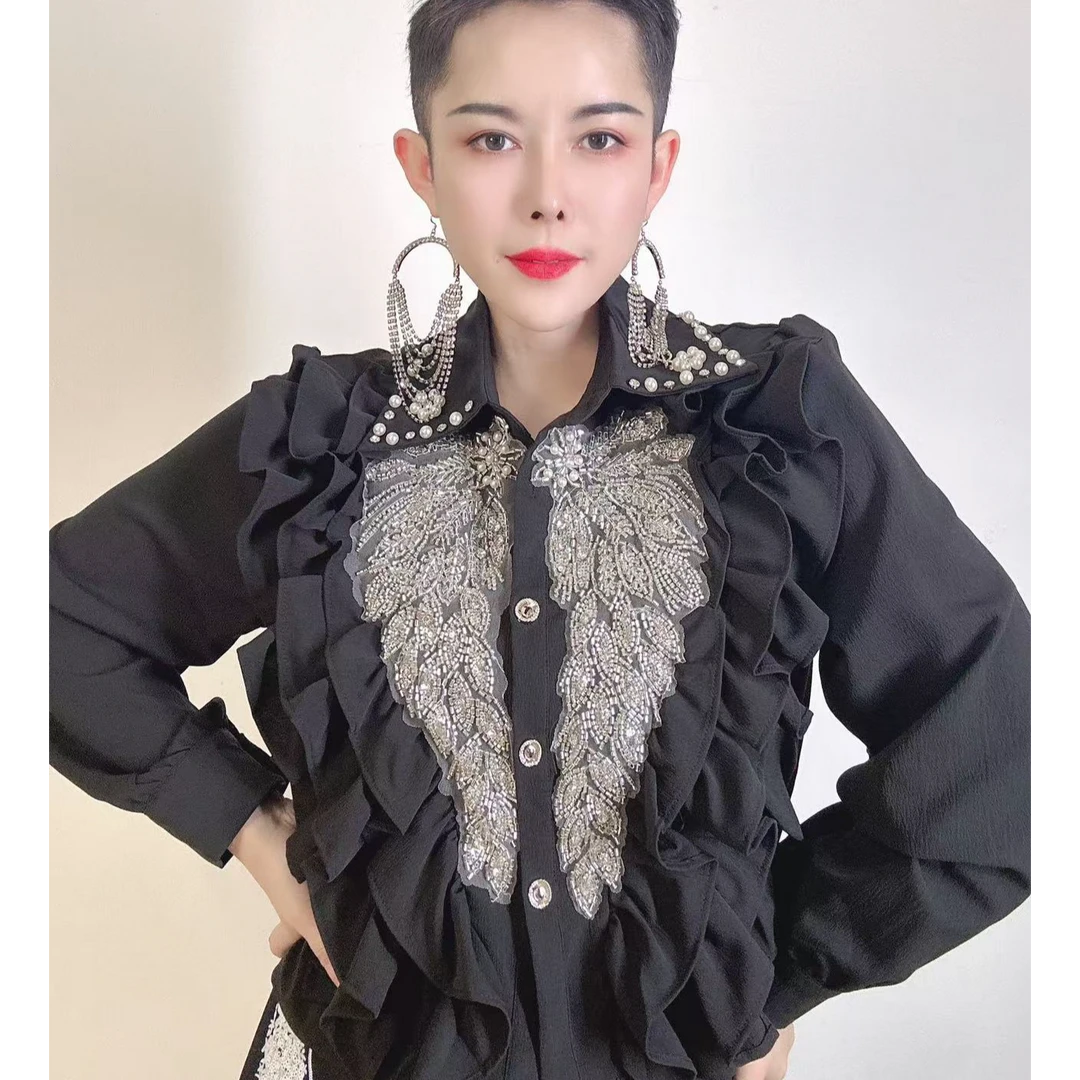 钉珠亮片polo领衬衫荷叶边2025春季新款女装气质拼接甜美减龄衬衣